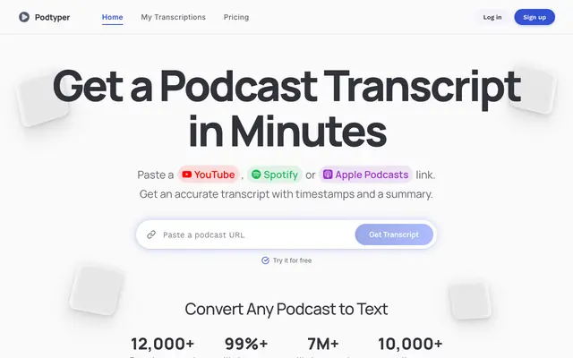 Screenshot of Podtyper - Transcribe Any Podcast to Text | YouTube, Spotify & Apple