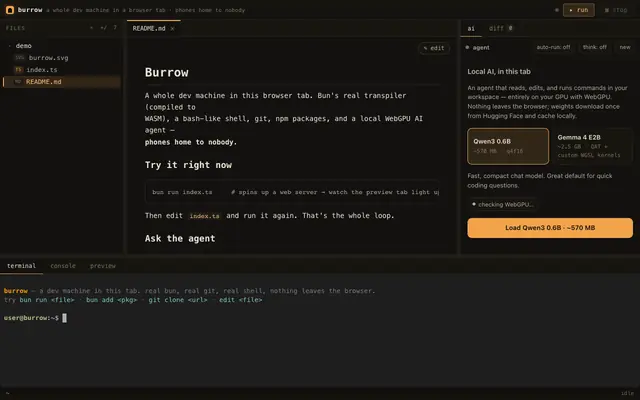 Screenshot of Burrow — a dev machine in one tab