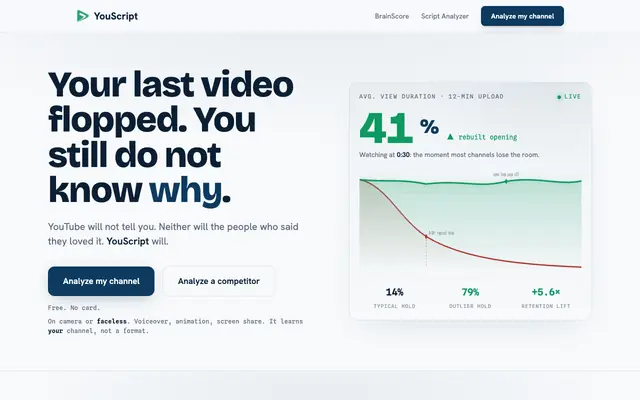 Screenshot of YouScript — Scripts structured like YouTube outliers