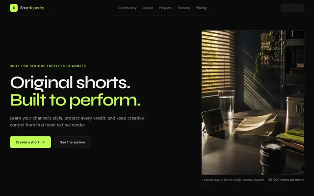 Screenshot of Shortfoundry - Original faceless video creation