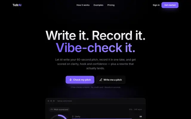 Screenshot of TellrAI — AI Pitch Coach: Write, Score & Rewrite Your 60-Second Pitch