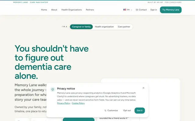 Screenshot of Memory Lane Care Navigator