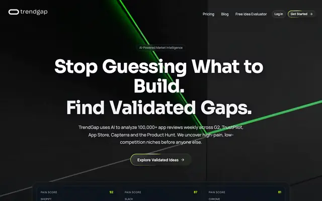 Screenshot of TrendGap Discover High-Pain SaaS Niches with AI