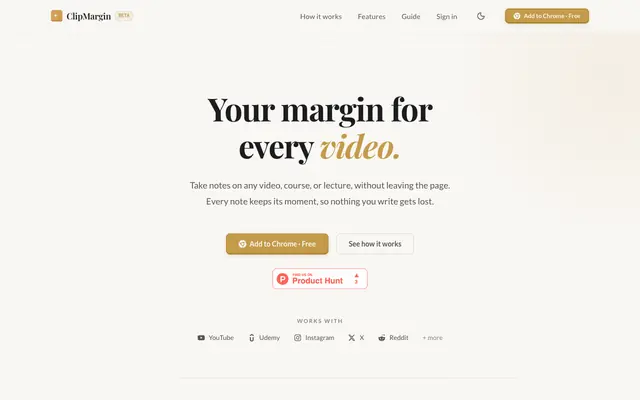 Screenshot of ClipMargin · Notes from every video, searchable forever