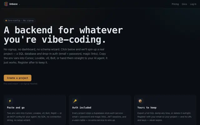 Screenshot of Unbase — instant SQL + auth backend