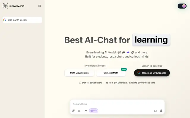 Screenshot of milkyway.chat — Best AI Chat for learning, math, coding & more