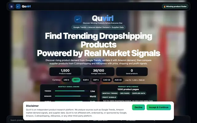 Screenshot of Trending Dropshipping Products 2026 | Quvirl