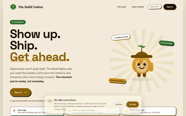 Screenshot of The Build Nation — Show up. Ship. Get ahead.