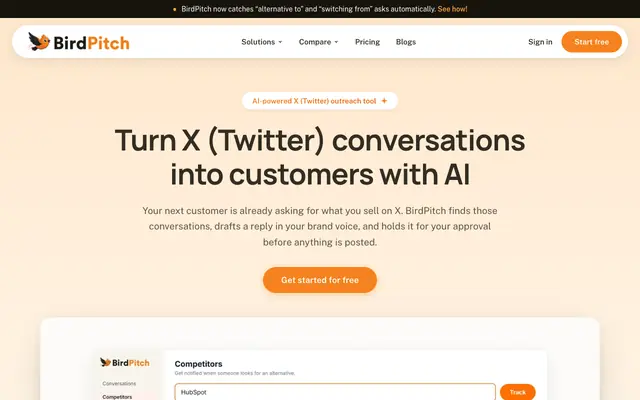 Screenshot of BirdPitch | Turn X (Twitter) Conversations into Customers