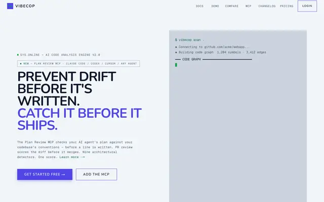 Screenshot of VibeCop — AI Code Review & Architecture Integrity