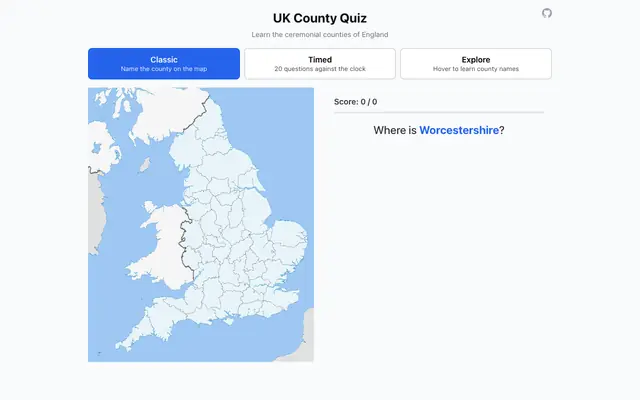 Screenshot of UK County Quiz