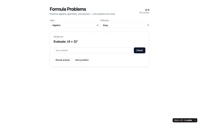 Screenshot of Formula Problem Generator