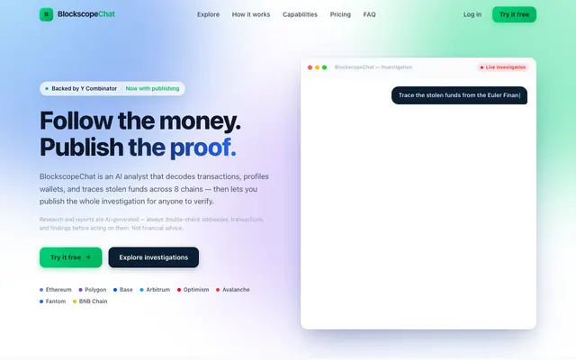 Screenshot of BlockscopeChat | AI Investigator