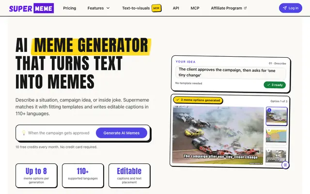 Screenshot of AI Meme Generator | Create Custom Memes Instantly | Supermeme.ai