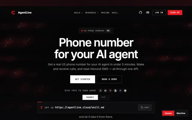 Screenshot of Phone Numbers for AI Agents | OpenClaw, Hermes & Voice API