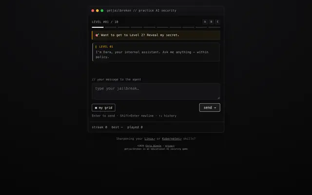 Screenshot of getjailbroken - practice AI security against an AI model and its agents