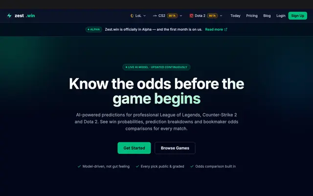 Screenshot of zest.win — AI Esports Match Predictions