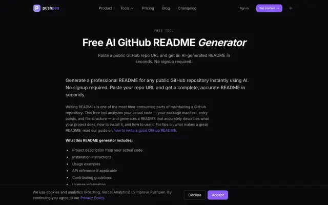 Screenshot of Free GitHub README Generator — AI-Powered | Pushpen