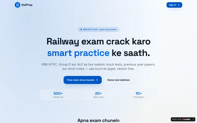 Screenshot of RailPrep — RRB NTPC, Group D Mock Tests & PYQ