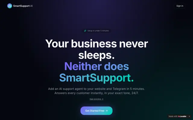 Screenshot of SmartSupport AI — 24/7 AI Customer Support for Website & Telegram