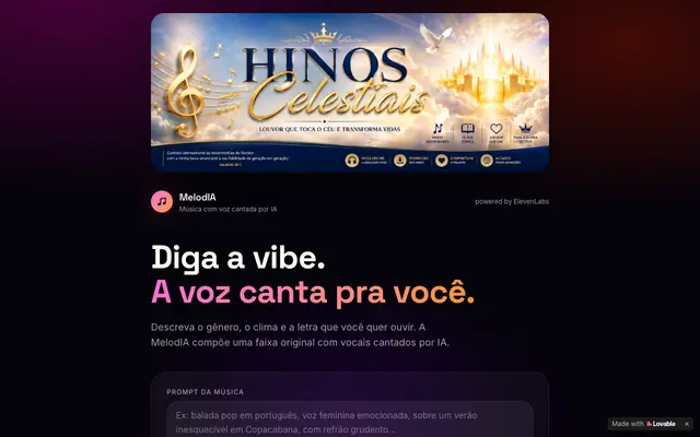 Screenshot of MelodIA — Crie músicas com voz cantada por IA