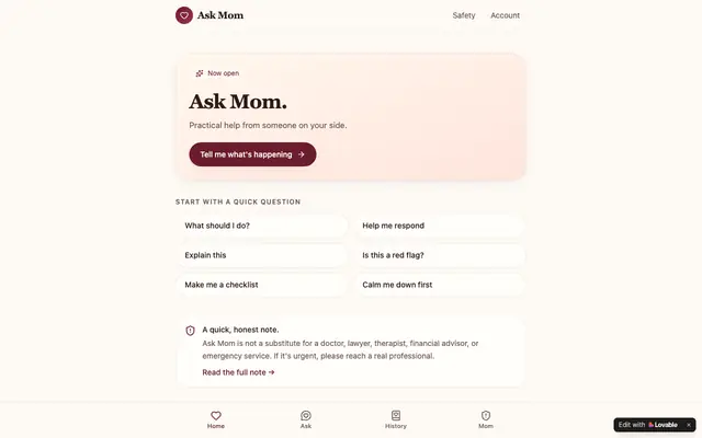 Screenshot of Ask Mom — Practical help from someone on your side