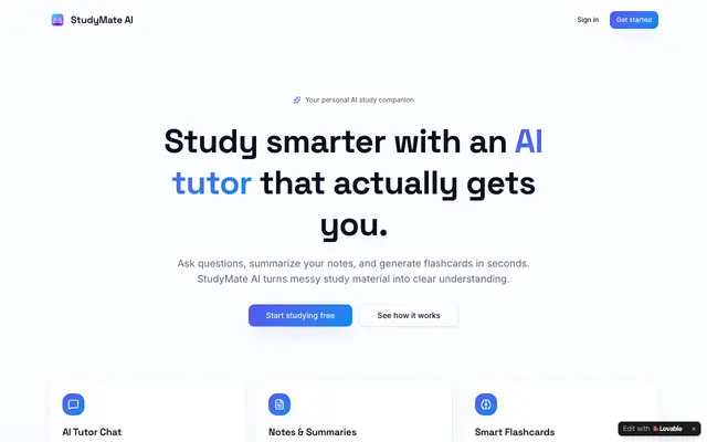 Screenshot of StudyMate AI — Study smarter with your AI tutor