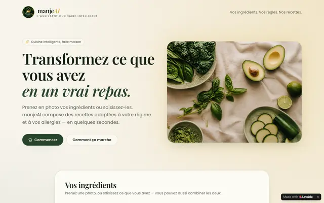 Screenshot of ManjéIA — Vos recettes à partir de vos ingrédients