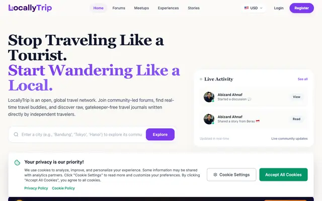Screenshot of LocallyTrip – Travel Community, Meetups & Experiences