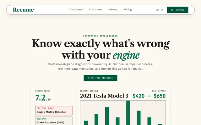 Screenshot of Recume — AI Car Scanner