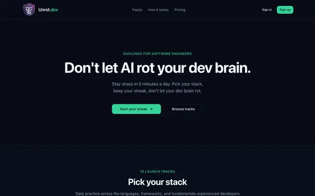 Screenshot of Unrot. Don't let AI rot your dev brain.