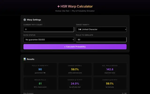 Screenshot of Honkai Star Rail Warp Calculator | HSR Pity & Probability Tool