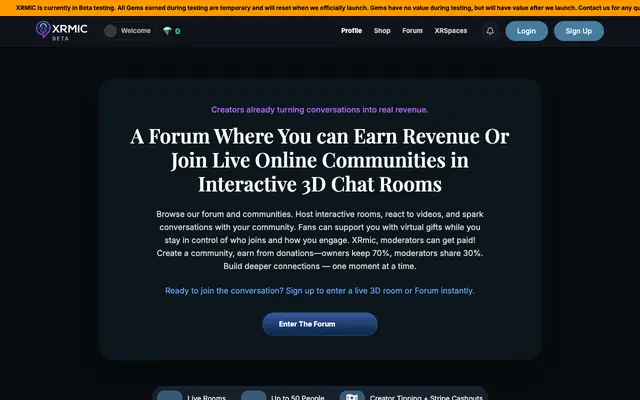Screenshot of XRmic is a Live Forum | Live Chat Rooms, 3D Communities & Revenue for Creators &