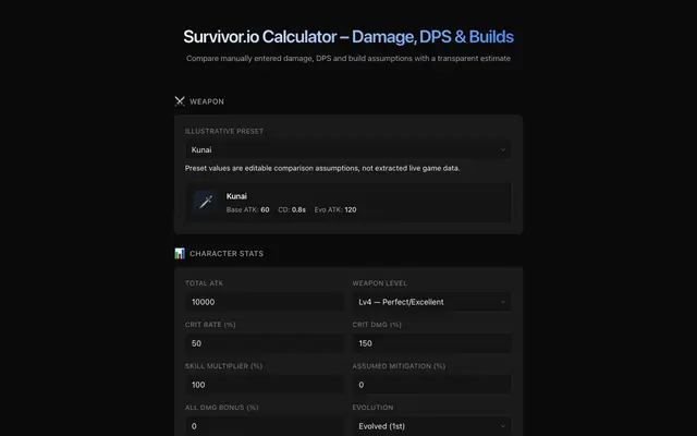 Screenshot of Survivor.io Scenario Calculator - Compare Manual Damage Inputs