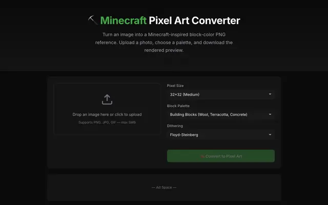 Screenshot of Minecraft Pixel Art Converter – Turn Images Into Block Art Online Free