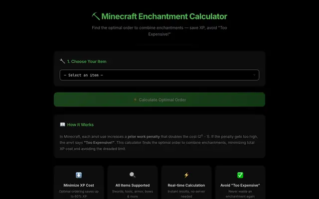 Screenshot of Minecraft Enchantment Calculator – Find the Optimal Anvil Order
