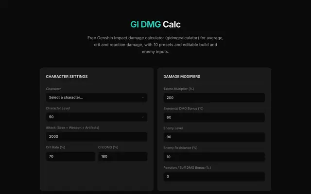 Screenshot of GI Damage Calculator - Free Genshin Impact DMG Calculator for All Characters