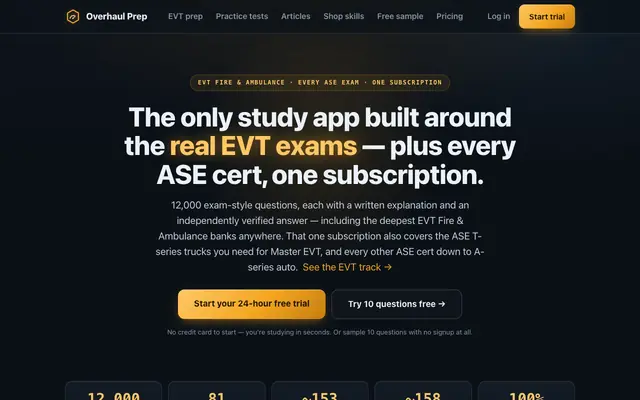 Screenshot of Overhaul Prep — ASE, EVT & EPA 609 practice tests for auto, truck & emergency-ve