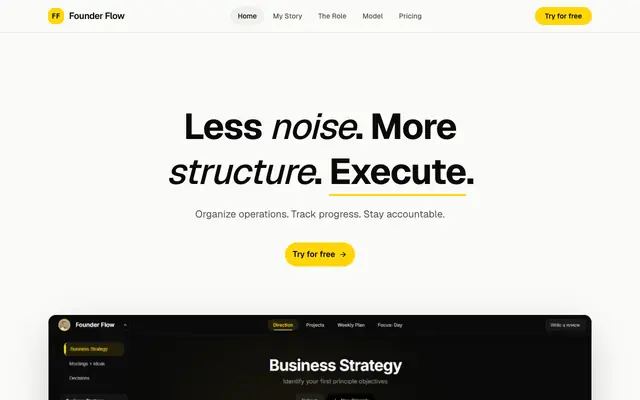 Screenshot of Founder Flow — Less noise. More structure. Execute.