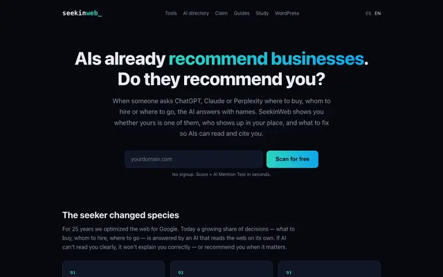 Screenshot of SeekinWeb — ¿Las IAs te encuentran?
