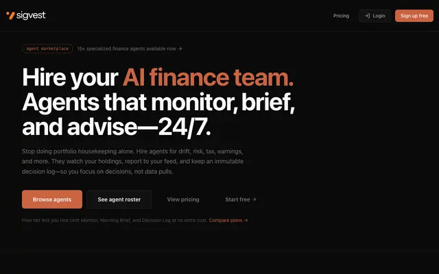 Screenshot of SigVest — Hire Your AI Finance Agent Team