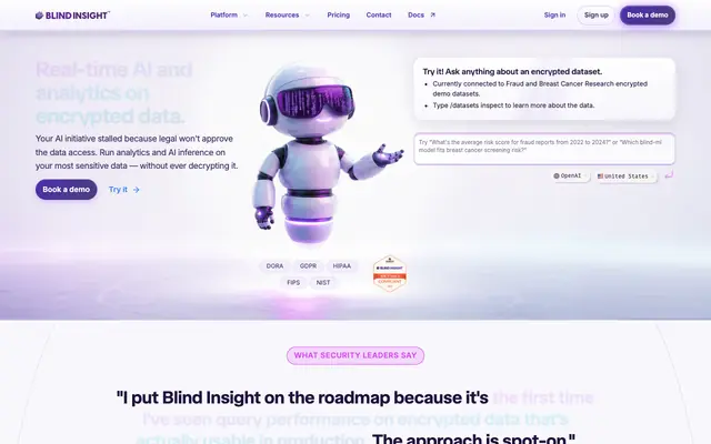 Screenshot of Encrypted data analytics & AI — Blind Insight