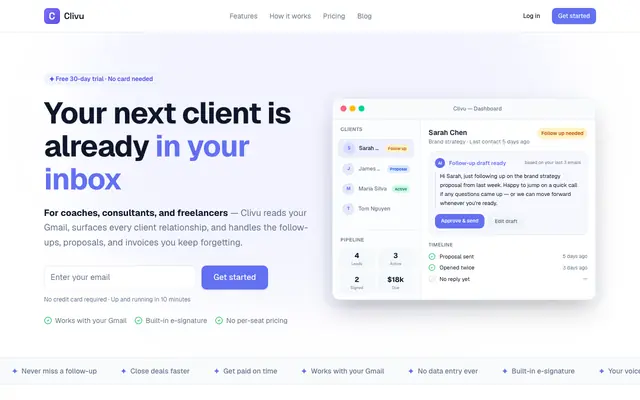 Screenshot of Clivu — AI-Powered CRM for Freelancers & Consultants | HoneyBook Alternative | C