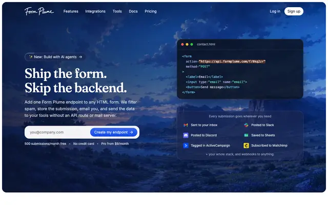 Screenshot of Form Plume - Free Form Backend for HTML Forms