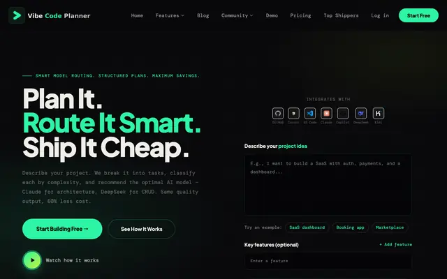 Screenshot of Vibe Coding Plan - Smart AI Model Routing for Developers | Save 60% on AI Costs