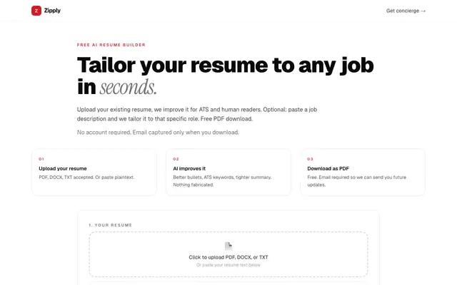 Screenshot of Free AI Resume Builder - Tailor Your Resume to Any Job in Seconds | Zipply | Zip