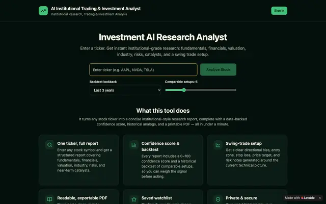 Screenshot of AI Institutional Trading & Investment Analyst – Instant Stock Research & Swing T