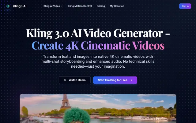 Screenshot of Kling 3.0 AI Video Generator - Create 4K Cinematic Videos