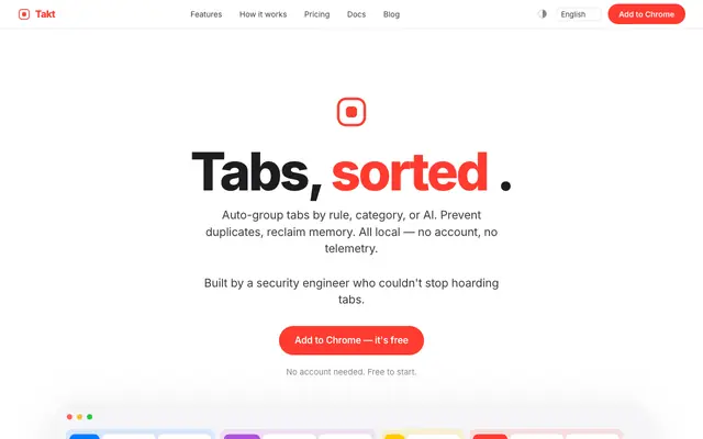 Screenshot of Takt — Tabs, sorted. Automatically | Auto Tab Manager for Chrome | Group, Search