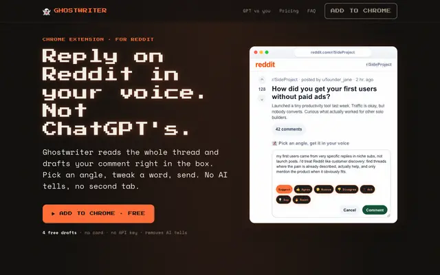 Screenshot of Ghostwriter: reply on Reddit in your voice, not ChatGPT's